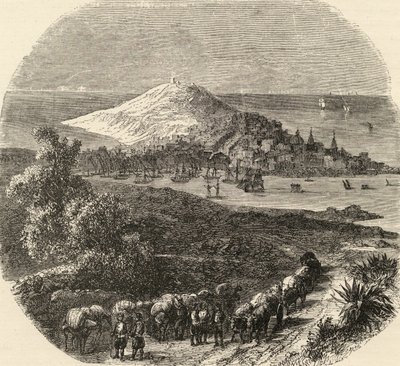 Byen og bugten Coruna, Spanien, illustration fra 